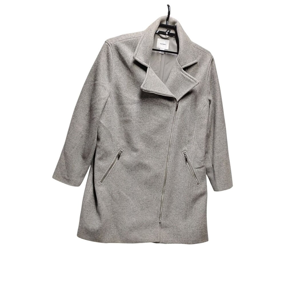 Old Navy Light Gray Long Moto Jacket Blazer Asymmetrical Zip Trench Coat XXL
